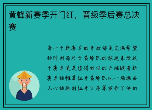 黄蜂新赛季开门红，晋级季后赛总决赛